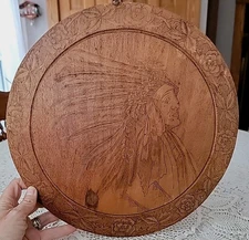 1900's Antique Flemish Art Indian Chief Wooden Pyrography Wall Plaque 13.75"W