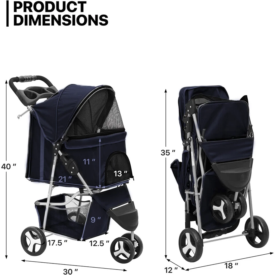 Foldable Pet Strollers 3 Wheels Carrier Cart w/Cup Holder fr Cats&Dogs Navy Blue - Image 2 of 4