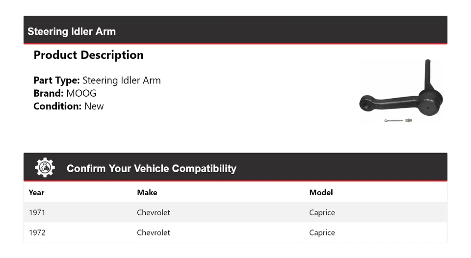 Brazo de rueda loca de dirección MOOG para Chevrolet Caprice 1971-1972 Foto 2 de 4