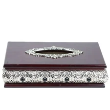 European Wood Napkin Holder - Silver Accented Ornamental Hinged Dispenser Box