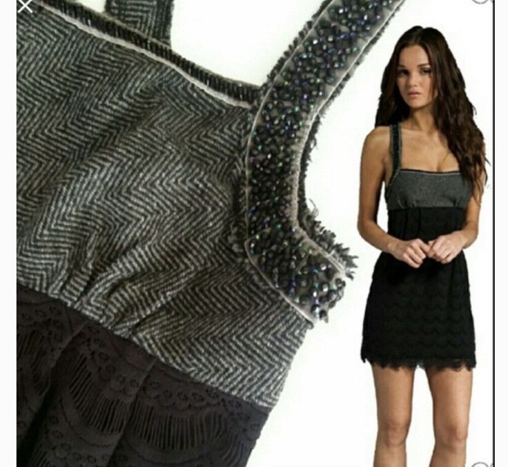 FREE PEOPLE All the Right Moves GRAY TWEED BLACK LACE BEAD MINI DRESS NEW Sz  8