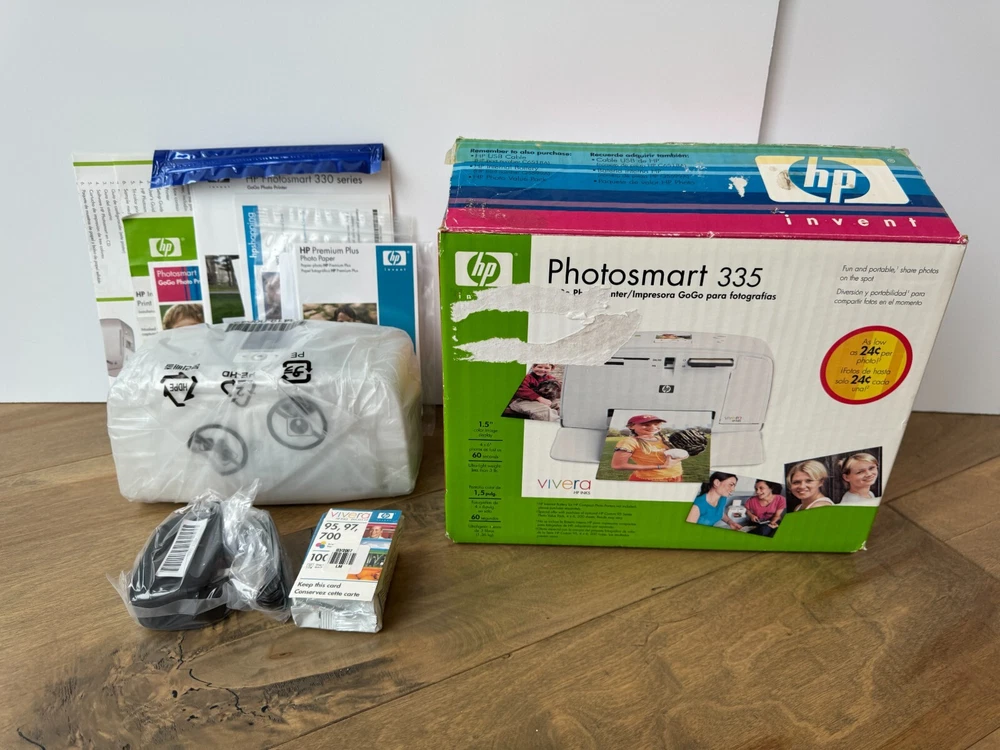 HP Photosmart 335 GoGo Photo Printer + Power Adapter, Ink, Paper - NEW OPEN BOX