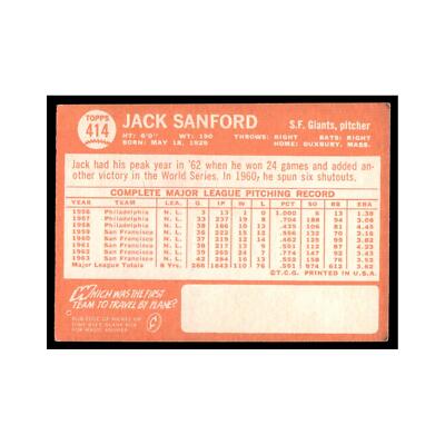 1964 Topps Baseball Card Jack Sanford Giants #414 | eBay