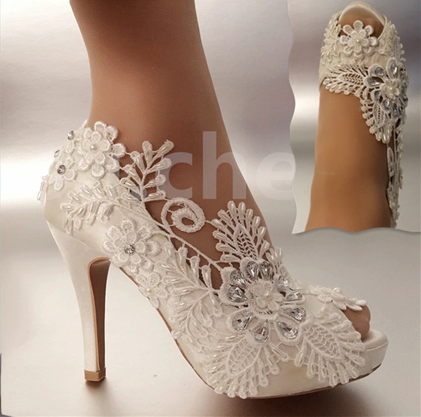 Satin Ivory White bride woman wedding shoes high heels peep