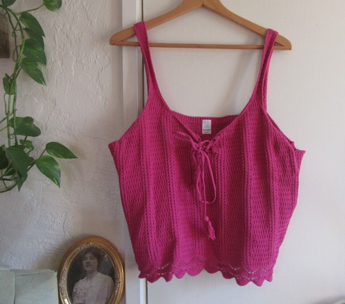 Old Navy Pink Crocheted Tank Top Lace Up Boho Festival Summer Top EUC, Size XL