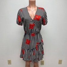 Madewell Women Black Red Candied Orchids Striped Floral Ruffle Faux Wrap Dress 4