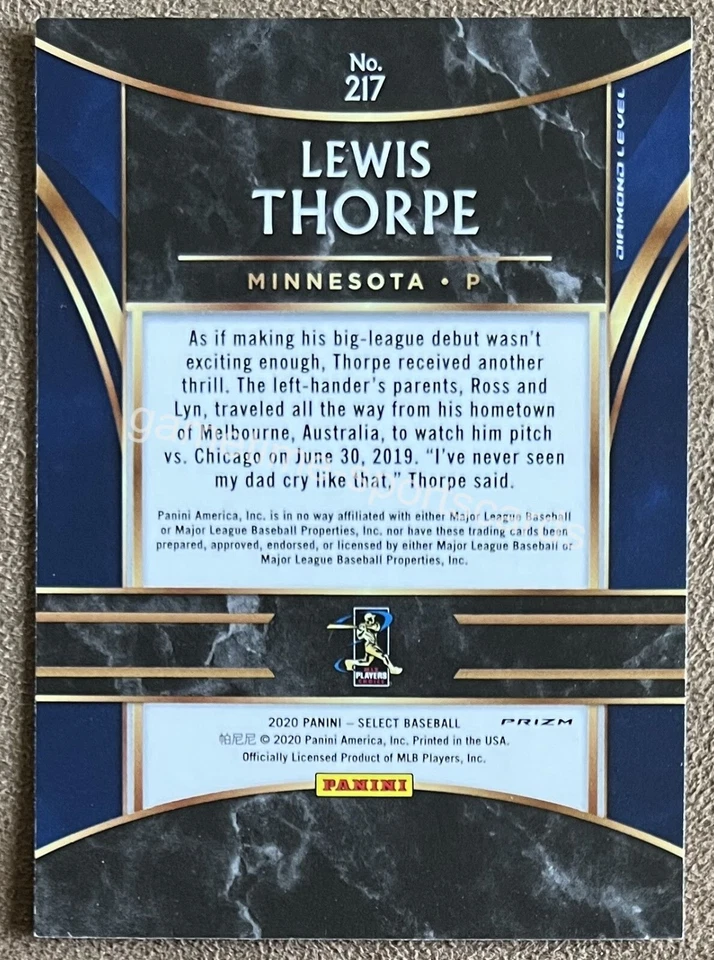 Lewis Thorpe 2020 Panini Select Diamond Silver Prizm Rookie #217 Twins Parallel - Image 2 of 2