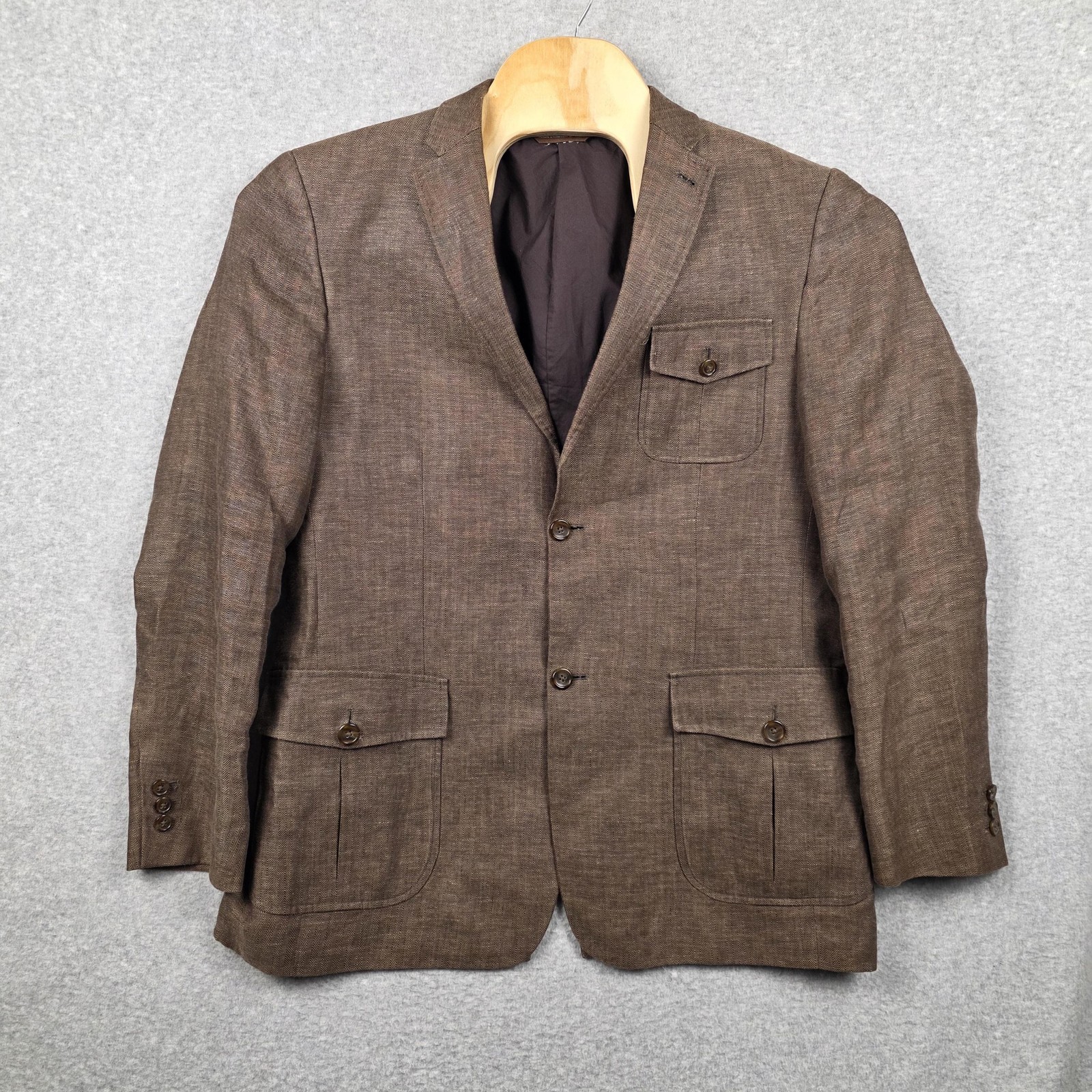 Perry Ellis Blazer Mens 42R Brown Linen Herringbone Sport Co