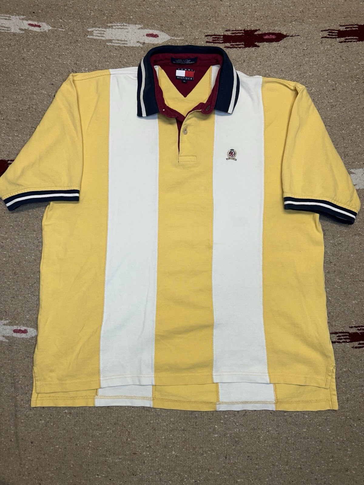 Vintage Tommy Hilfiger Striped Yellow White Polo Shirt XL Short Sleeve Cotton