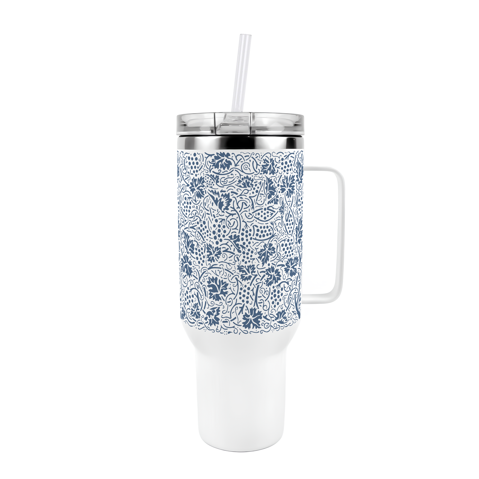 40oz Blue Stainless Steel XL Travel Cup with Straw & Lid - Oak Leaves & Berries