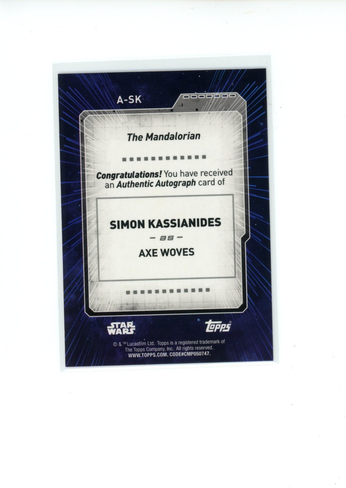 2022 Topps Star Wars Signature Series Simon Kassianides as Axe Woves #A-SK Auto view 2