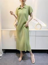 Women Summer Loose Shirt Collar Pleated Dress High Elasticity Long Dress 90-180
