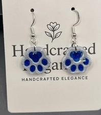 Handmade Resin Earrings, Dangle, Small Paw Print, White With Blue