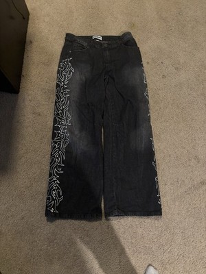 TATIOO Tribal Embroidered Wide-Leg Relaxed Fit Black Denim Acid Wash Jeans Men