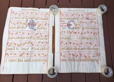 Large Pair 15thC Antiphonal Latin Music Sheet Vellum 29 x 22 Statement Decor