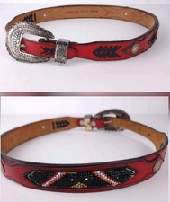 Vintage Red Black Leather Seed Beaded Handmade Native American 23-26" Belt