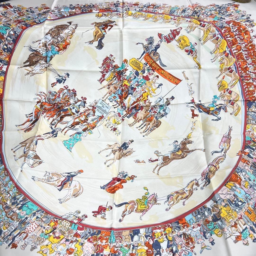 HERMES CIRQUE MOLIER Carre 90cm Silk Scarf White Multicolor Unused Auth