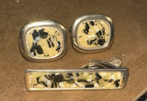 Vintage Tortoise ?  Damascene Speckled Gold Plate Cufflinks / Tie Bar