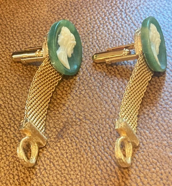 Винтажный Данте надежном вокруг запонки зеленый/белый Incolay мужской и женский камео - Изображение 4 из 4