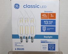 GE Classic 40w Equiv 3w LED Bulbs CAC Candelabra Base Clear Daylight 6-Pack