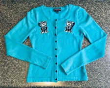 Sourpuss Sweater XS Black Cats Turquoise Blue Cardigan Rockabilly