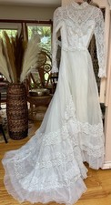 Vintage 1970s Victorian Prairie Style Lace Wedding Dress 6