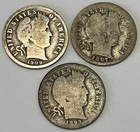 1893 O & 1897 S & 1909 S 10c Barber Dime Silver 3 Coins