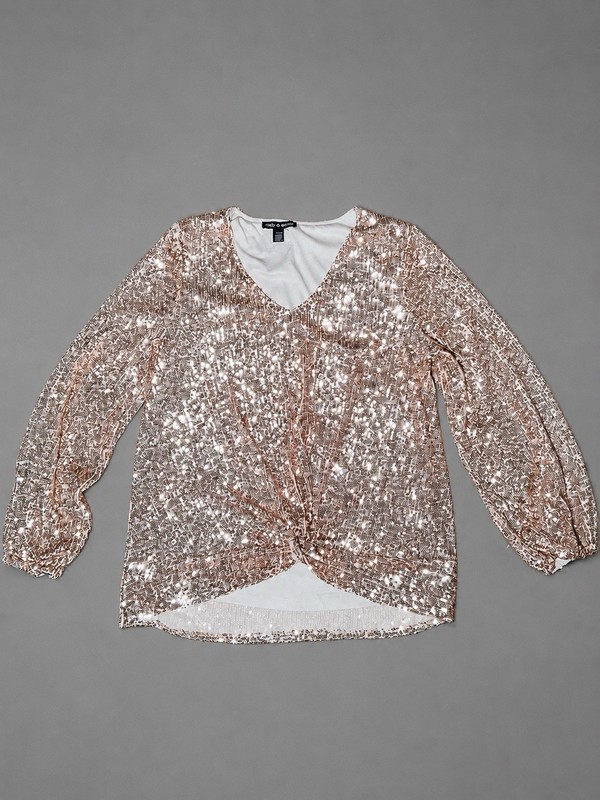 Cable & Gauge Rose Gold Sequin V-Neck Long Balloon Sleeve Pullover Blouse M