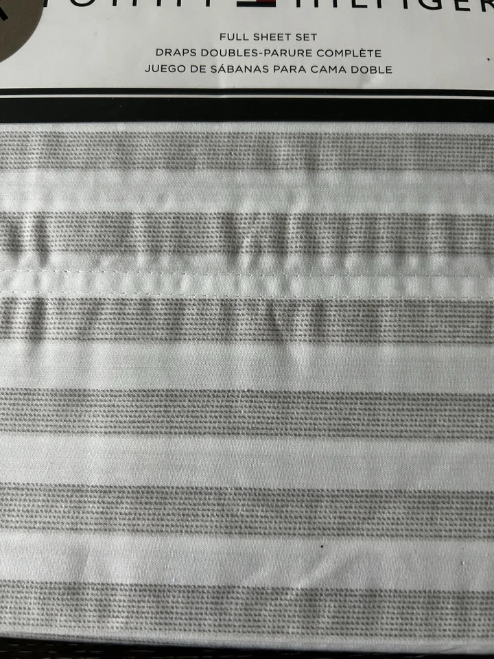 4 piece Tommy Hilfiger Cotton Blend Modern Striped White Full Sheet Set NEW - Image 2 of 4