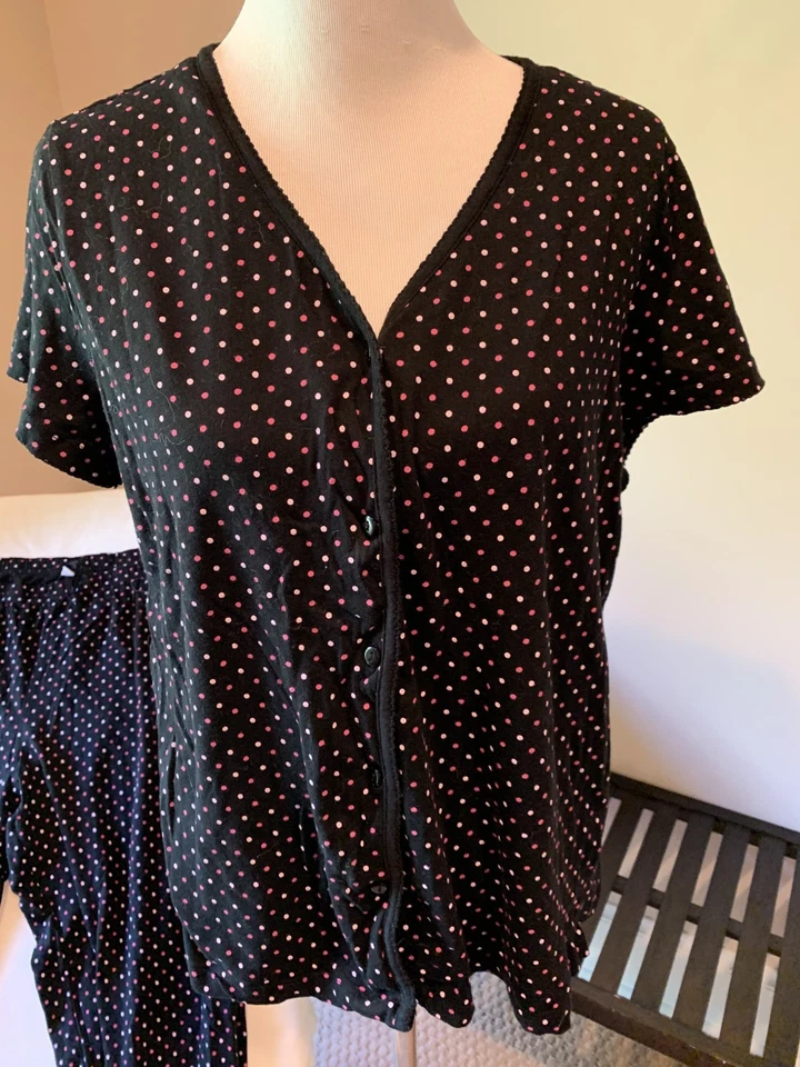 Charter Club Pijama Conjunto XL 100% Algodón Tejido Negro Rosa Blanco Lunares Manga Corta Foto 2 de 4