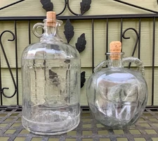 (2) Vintage Whitehouse Vinegar Embossed Jugs w/ Pour Spout Large 11”x6” & Apple