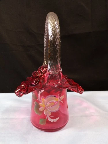 Fenton Cranberry Glass Hand Painted Basket - Yellowish Whitish Floral Design