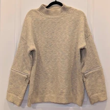 Chunky Knit Cream Mock Neck Sweater Zipper Sleeve Boxy Cropped Fit Large Soft