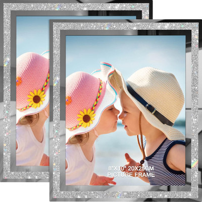 8X10 Picture Frames Set of 2, Glitter Photo Frame for Tabletop, Silver Glass Pic