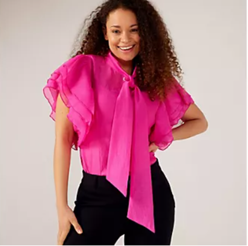 Camisa Frank Usher Volantes Manga Botón Frontal Gasa y Chaleco Cami Rosa L/XL Bxe