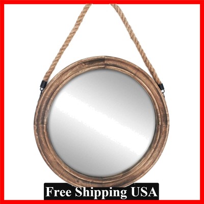 16.2*16.2'' Rustic Round Decorative Mirror with Solid Wood Frame & Rope Hanging