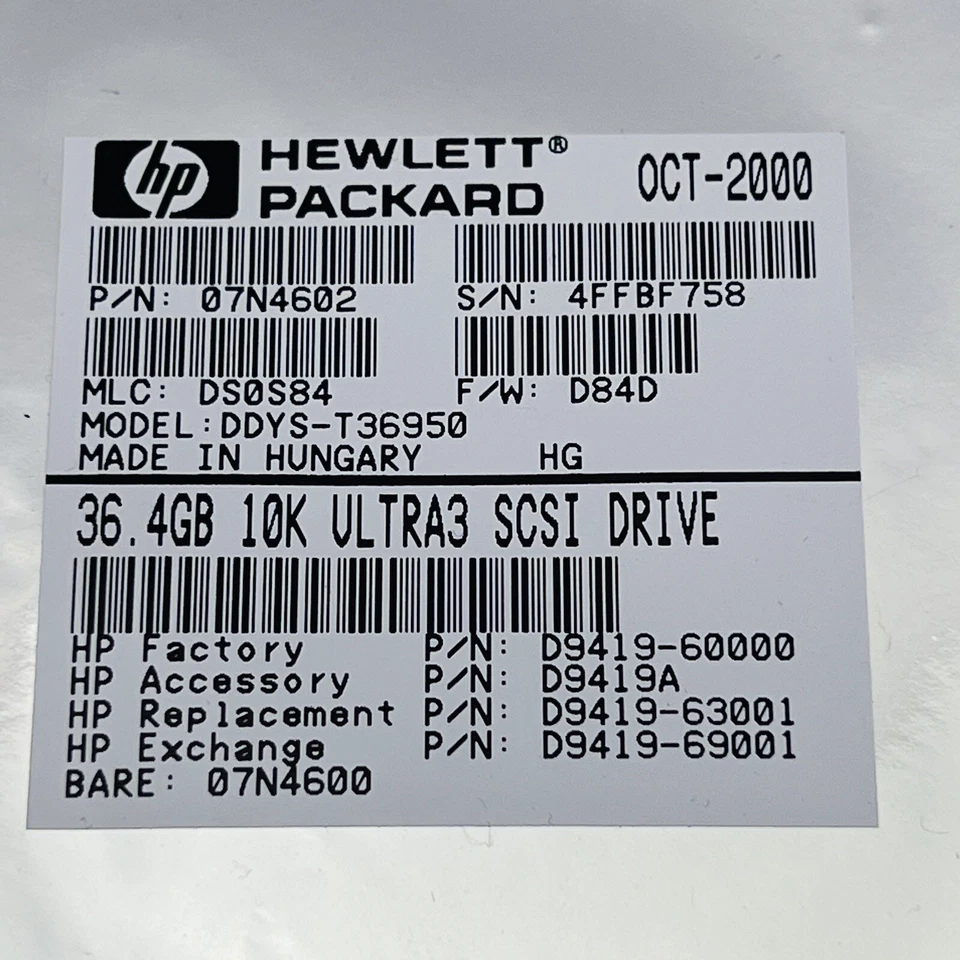 Hewlett Packard HP 36.4GB SCSI ULTRA3 10RPM HDD DDYS-T36950 P/N:07N4602 - Image 3 of 4