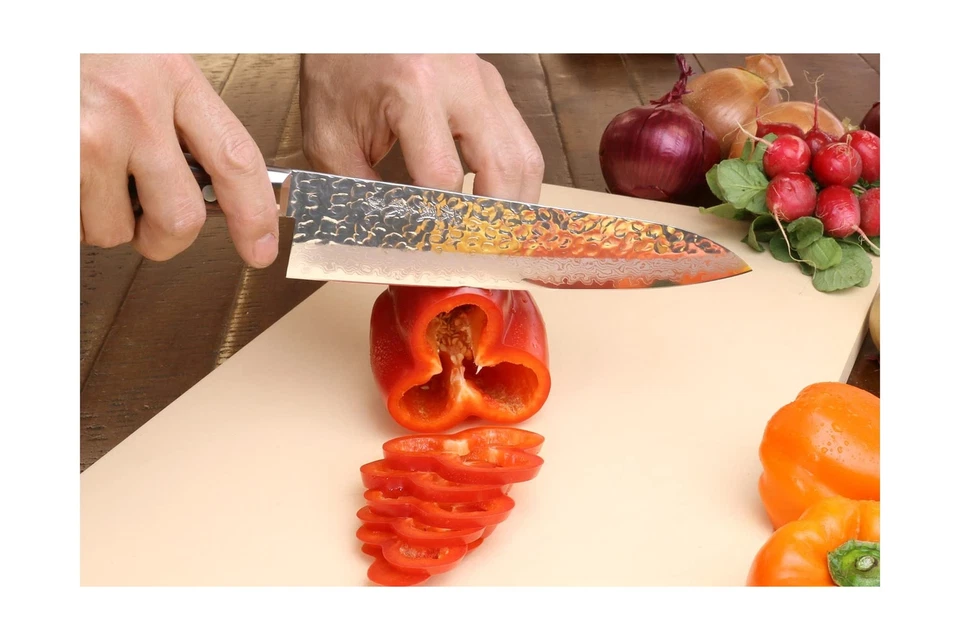 Cuchillo de chef Santoku de acero inoxidable martillado Damasco 16 capas Yoshihiro VG10... Foto 4 de 4