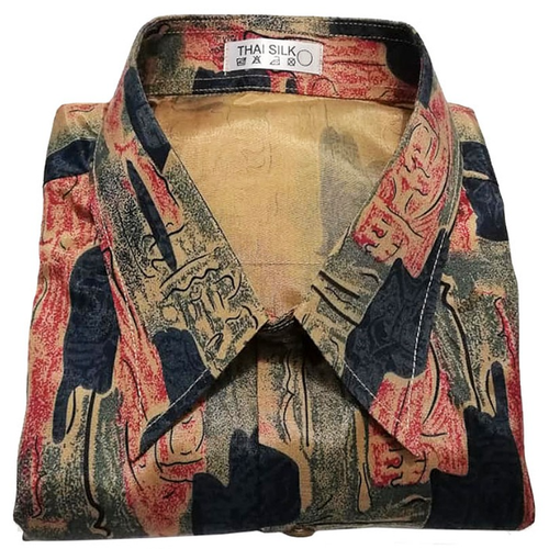 Men's Long Sleeve Shirt Thai Silk Blend Crimson Patchwork Pattern Hawaiian / XXL