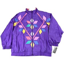 New 90s Women Purple Light Nylon Floral Windbreaker Jacket Coat (1x Plus)-3110