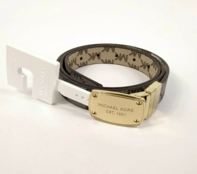 Michael Kors Belt Twist Reversible MK Gray Tan Logo Gold 