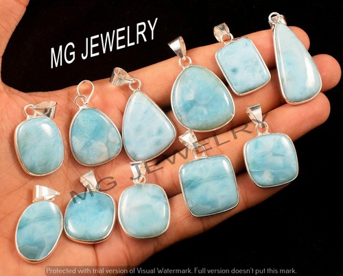 200 Pcs Lot Natural Larimar Gemstone 925 Silver Plated Bezel Pendants MF-357 - Picture 2 of 2