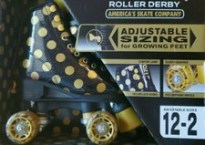 New Roller Derby Metallic Gold Glitter Black Polka Dot Skates Youth Adj. Sz12-2