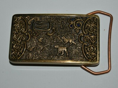 Vintage Jostens E Company Blue Jeweled Hunting Dogs Award Brass Slim Belt Buckle