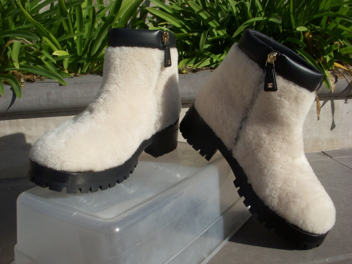 Chanel Shearling Lambskin Ivory/Black Metal Logo Ankle Zip Boots