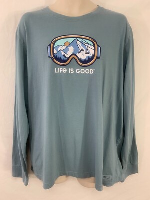 LIFE IS GOOD ~SKI GOGGLES~ Mens XL Blue Cotton Pullover Long Sleeve Tee T-Shirt