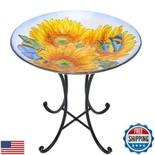 MUMTOP Outdoor Glass Birdbath with Metal Stand for Outside Lawn Yard Garden S