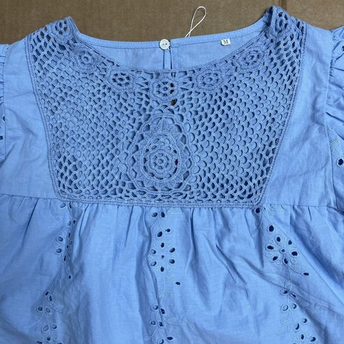 Women Crop Boho Blouse Size M Light Blue 100% Cotton Eyelet Crochet Puff Sleeves - Picture 5 of 13