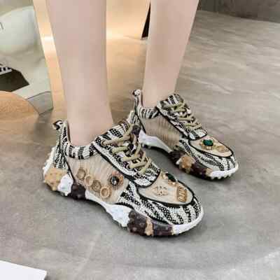 Turnschuhe Frau Komfortabel Licht Beige Mode Strass Schnürsenkel 33394