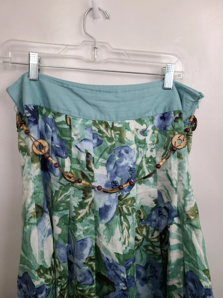 Maxi Falda TapeMeasure Mujer Lino Talla 10 Verde Azul Floral Cinturón con Cuentas BOHO Foto 2 de 4